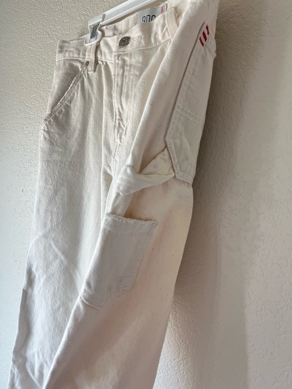 BDG Cream High Rise Carpenter Distressed Wide Leg Jeans with Utility Pockets - Picture 6 of 11